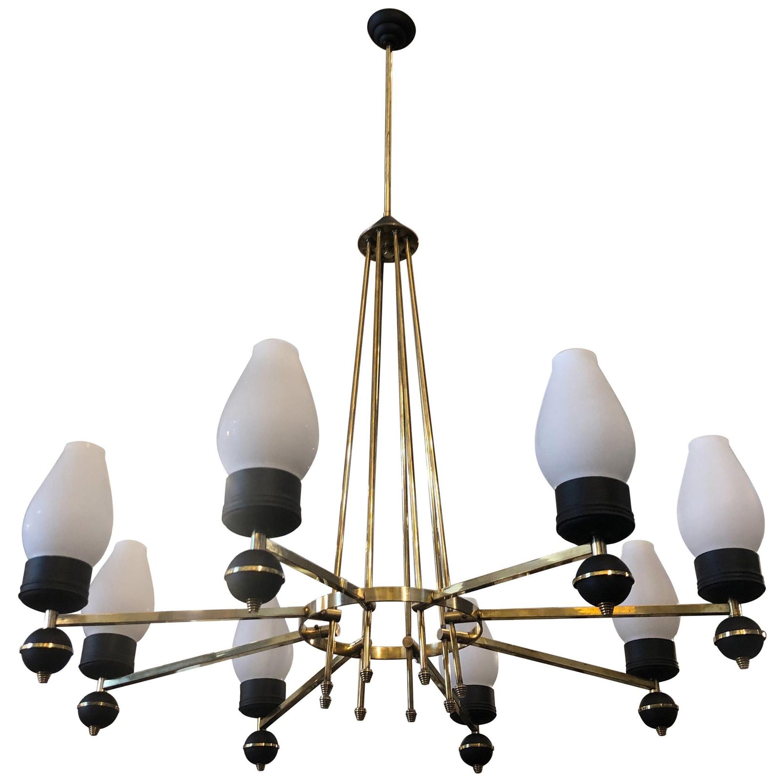 Mid Century Modern Brass And Black Metal Chandelier In The Manner Of Giò Ponti