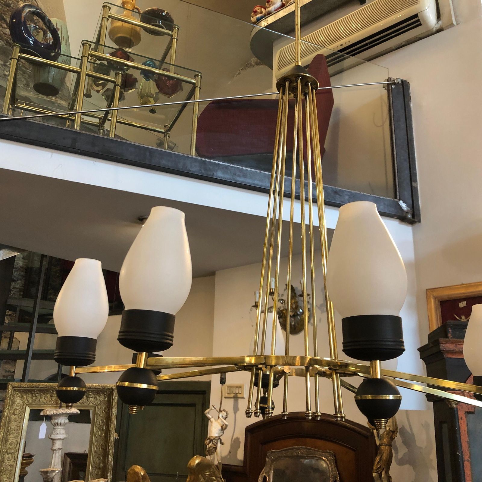 Mid Century Modern Brass And Black Metal Chandelier In The Manner Of Giò Ponti photo vintage