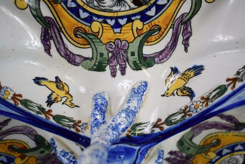 Gien Antique French Hand Painted Pottery Handled Bowl Serving Dish White Renaissance photo buy