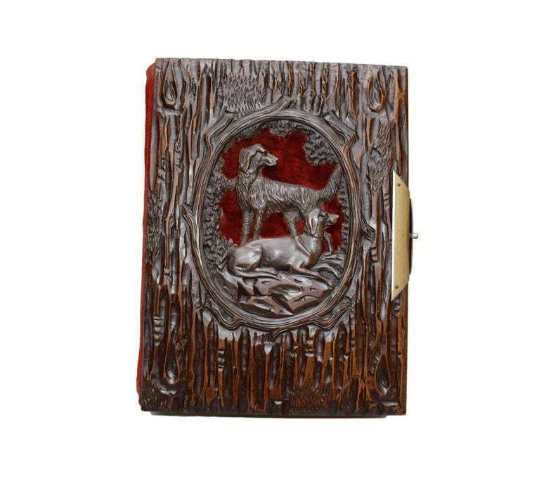 French Antique Black Forest Hand Carved Cover Photograph Album Hound Dog