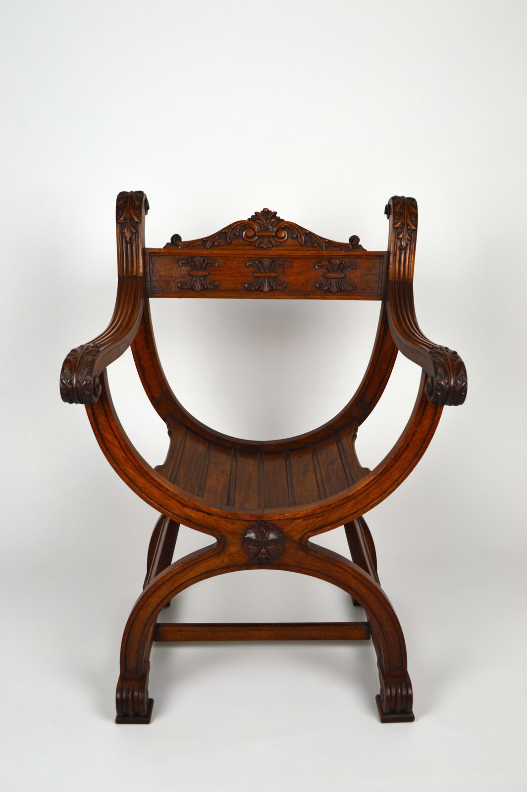 French Carved Walnut Curule Or Armchair, Renaissance Revival photo 1164.0