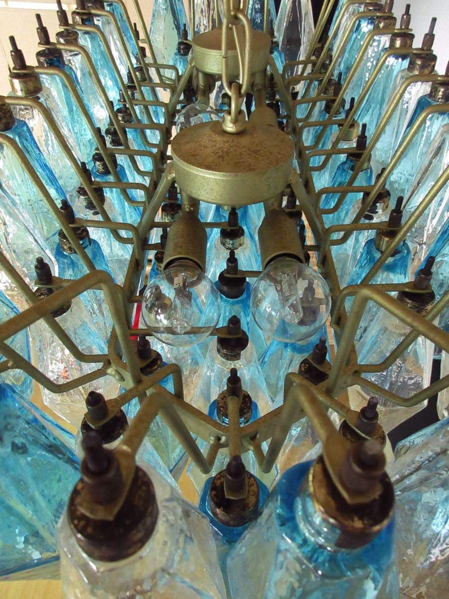 photo for sale Elegant Murano Poliedri Chandelier   Carlo Scarpa   84 Glasses Trasparent And Blue