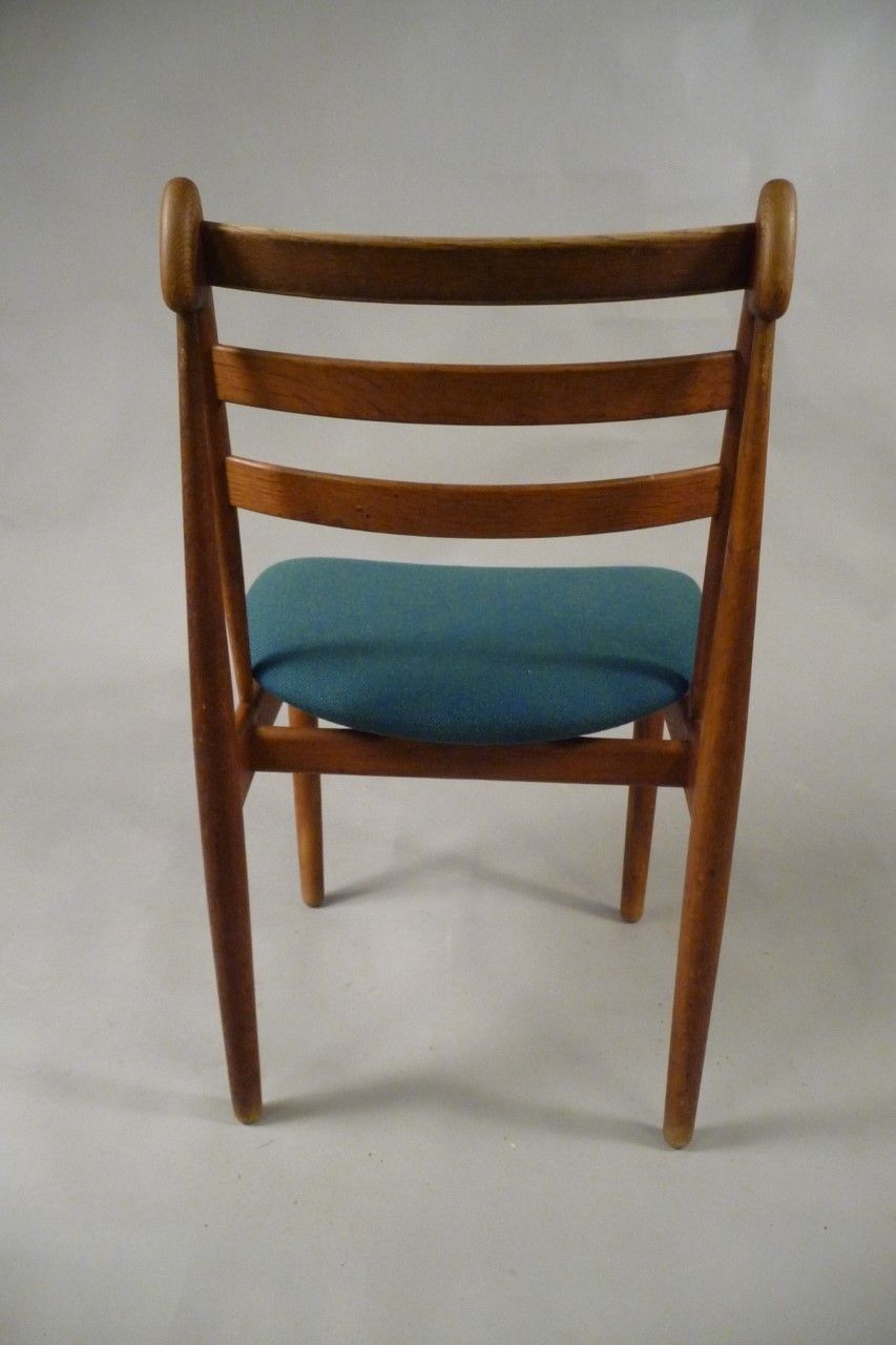 1950s Five Poul Volther Model J60 Dining Chairs In Oak, Blue/Green Fabric   Fdb photo Furniture