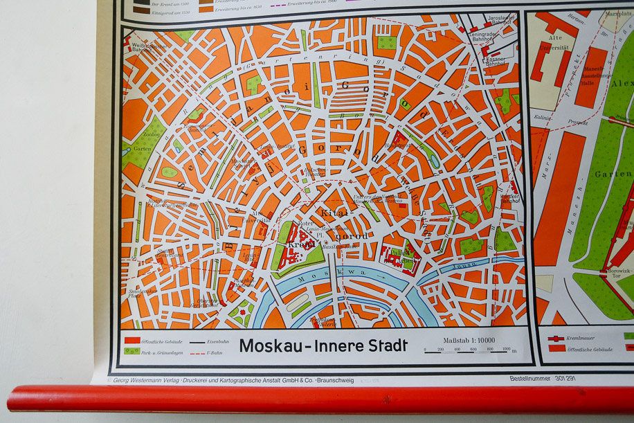 Original Huge Vintage German Educational School Wall Chart Moscow Mockba Map Geography Russia Soviet Union Beautiful Rare Westermann photo for sale
