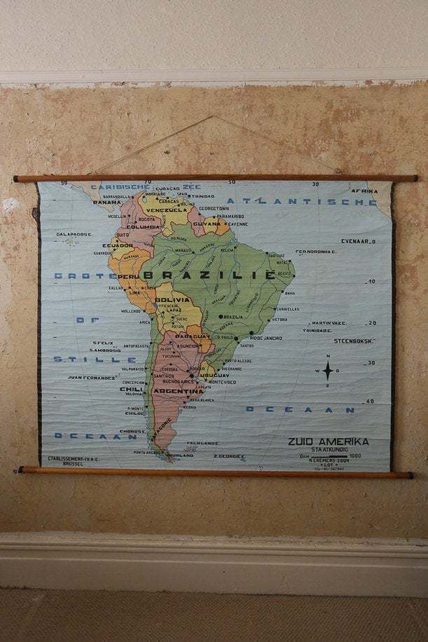 Original Huge Vintage Flemish Educational School Wall Chart South America Bright Map Geography Hand Painted Beautiful Rare Brazil Argentina photo furniture