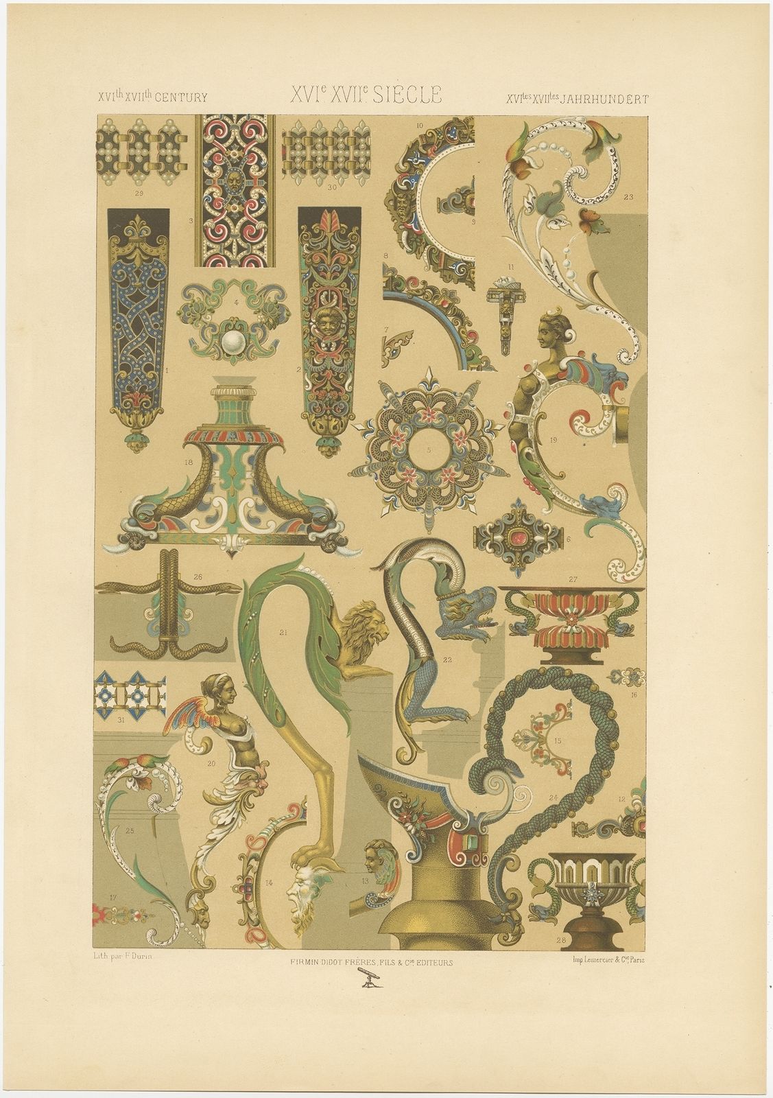 Antique Print Of Decorative Art In The 16th And 17th Century By Rachinet (1869)