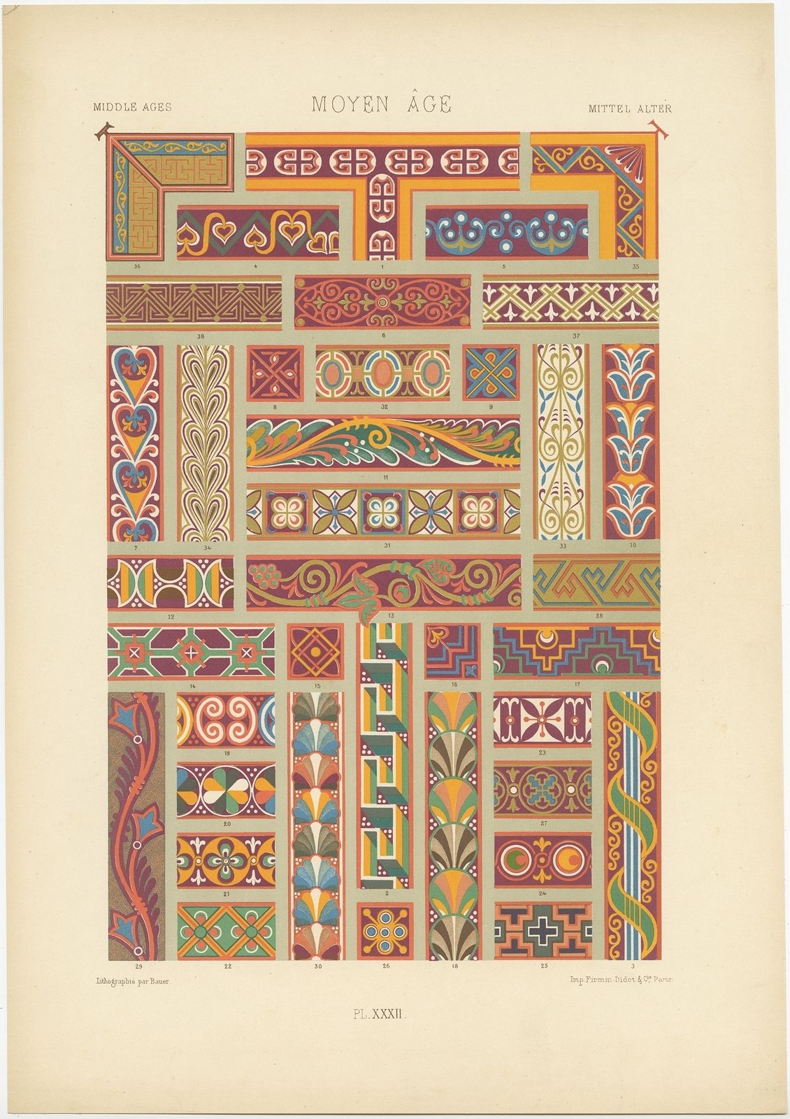 Pl. 32 Antique Print Of Decorative Art In The Middle Ages By Rachinet (1869)