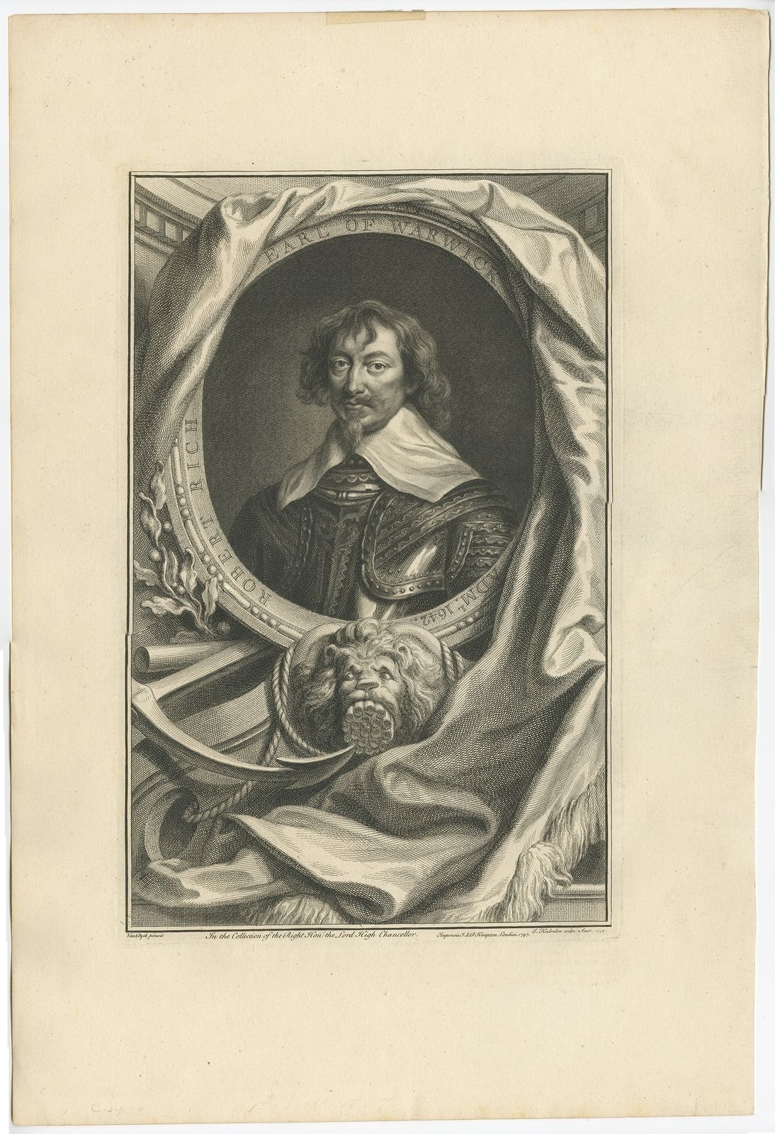 Antique Portrait Of Robert Rich By Houbraken (C.1750)