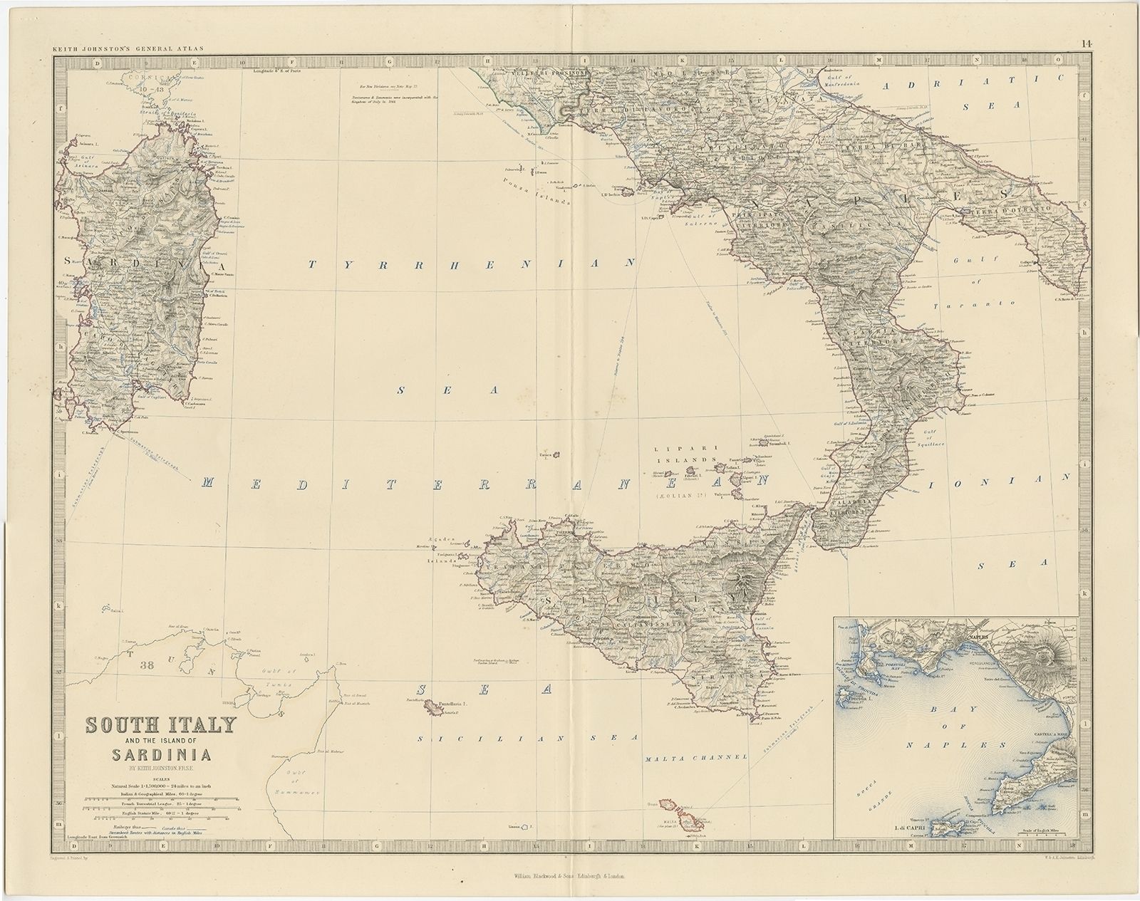 Antique Map Of Southern Italy And Sardinia By Johnston (C.1860)