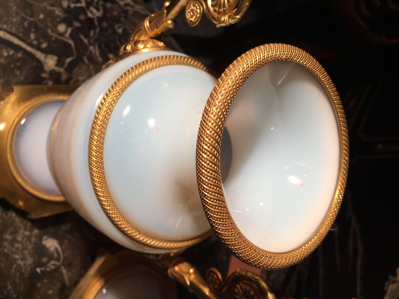 French White Opaline Vases, With Gilt Bronze Mounts. Charles X Period photo for sale