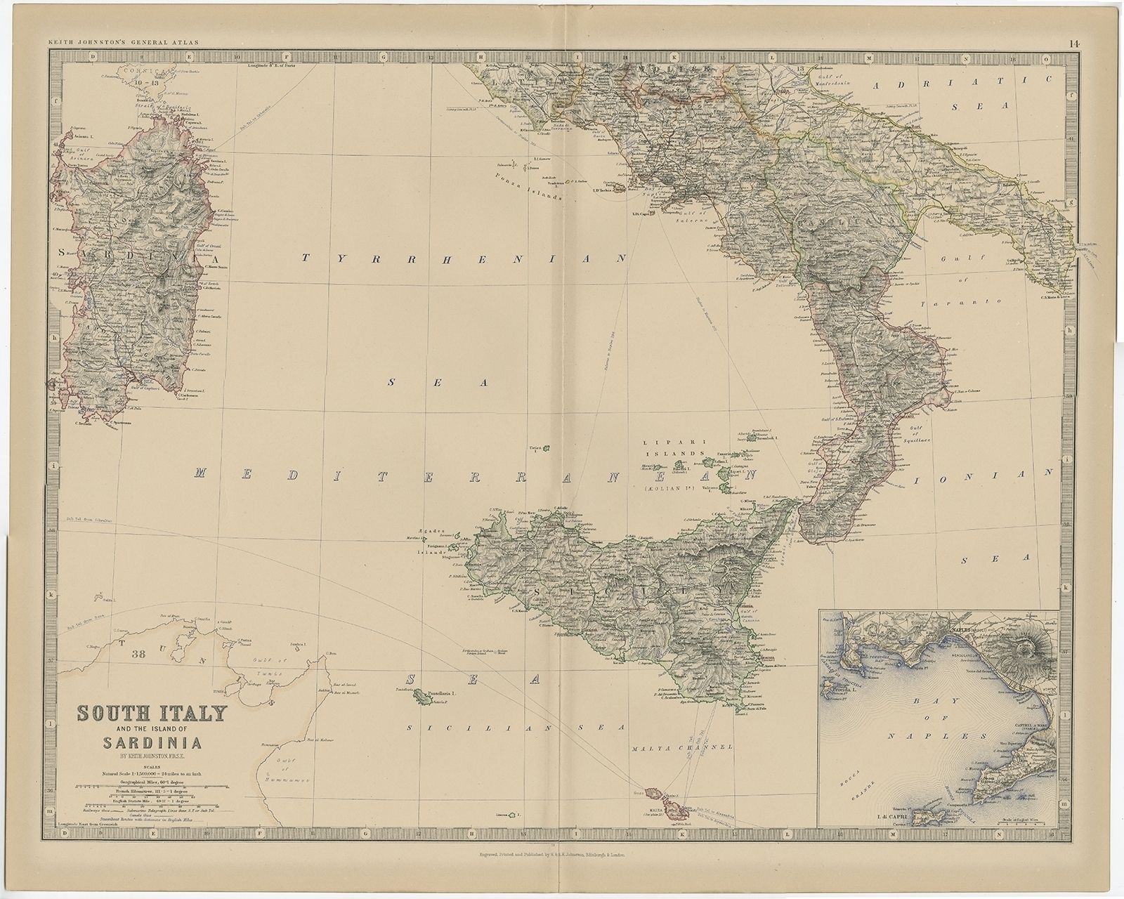 Antique Map Of Southern Italy And Sardinia By Johnston (1882)