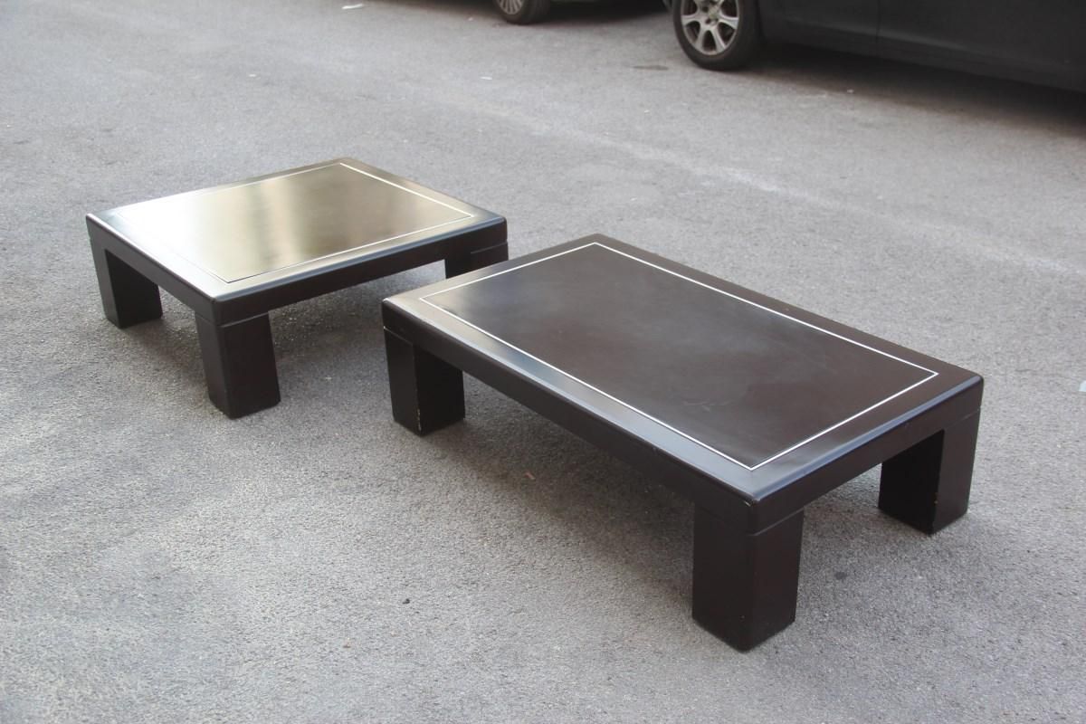 Pair Of Minimalist Low Tables In Brown And Aluminum Lacquer Italian Design, 1970 photo vintage