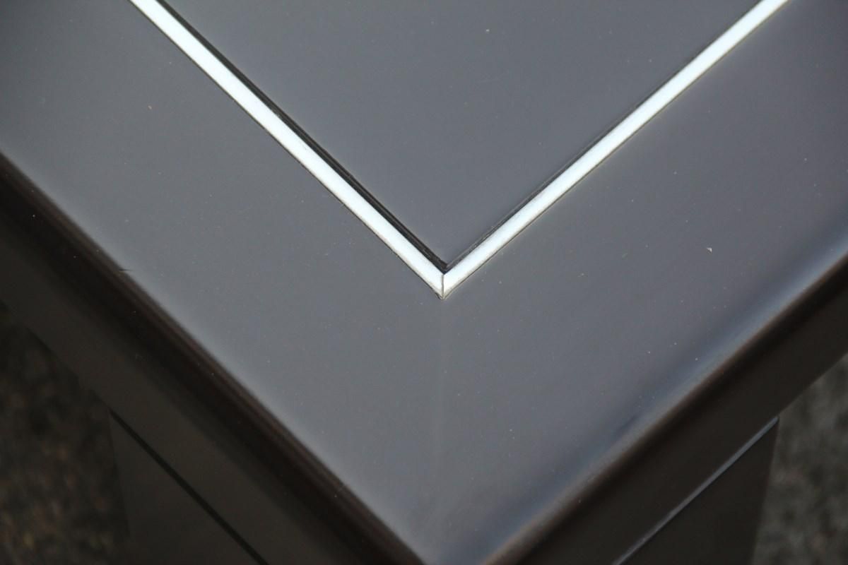 photo for sale Pair Of Minimalist Low Tables In Brown And Aluminum Lacquer Italian Design, 1970
