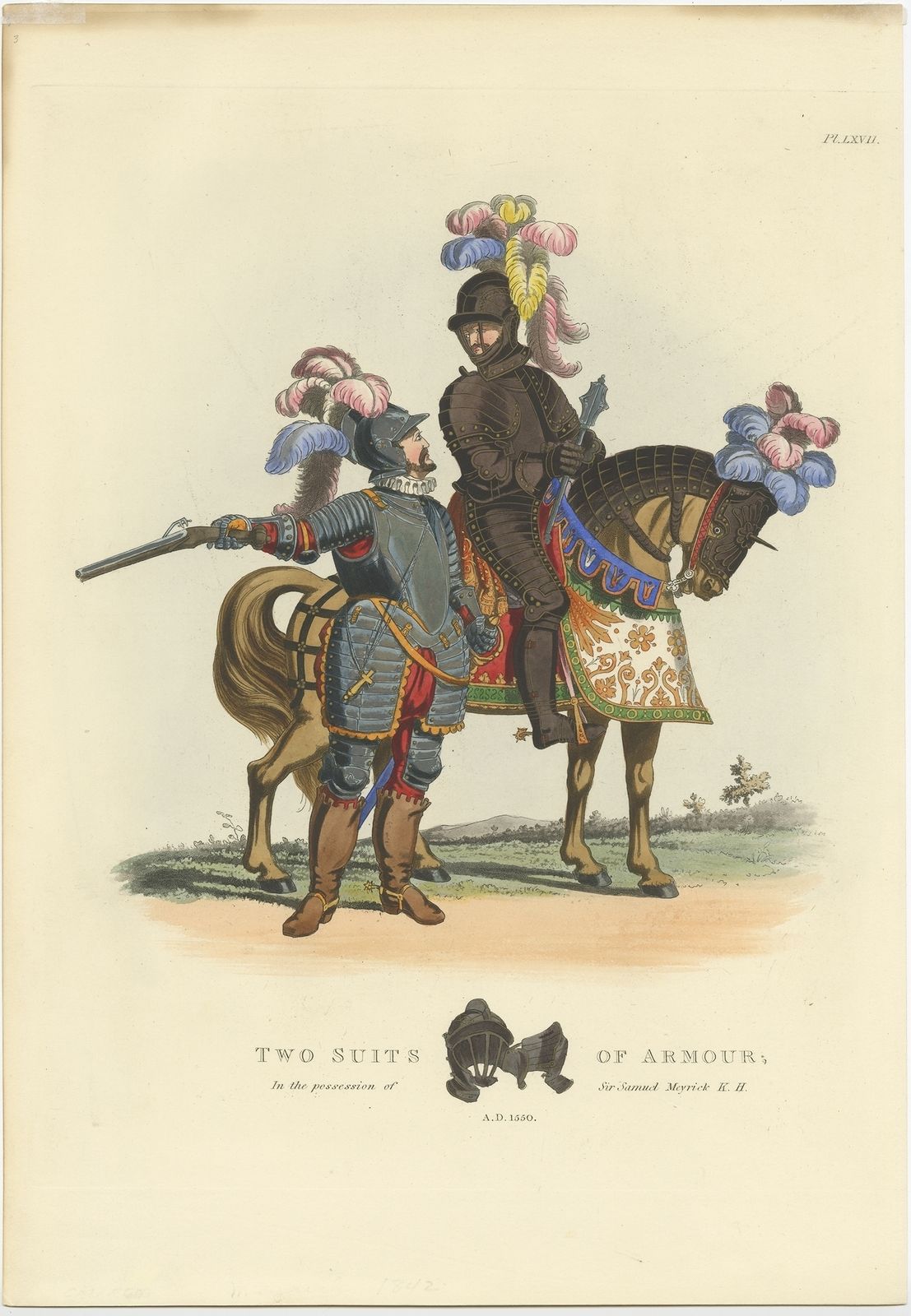 Antique Print Of Suits Of Armour By Meyrick (1842)