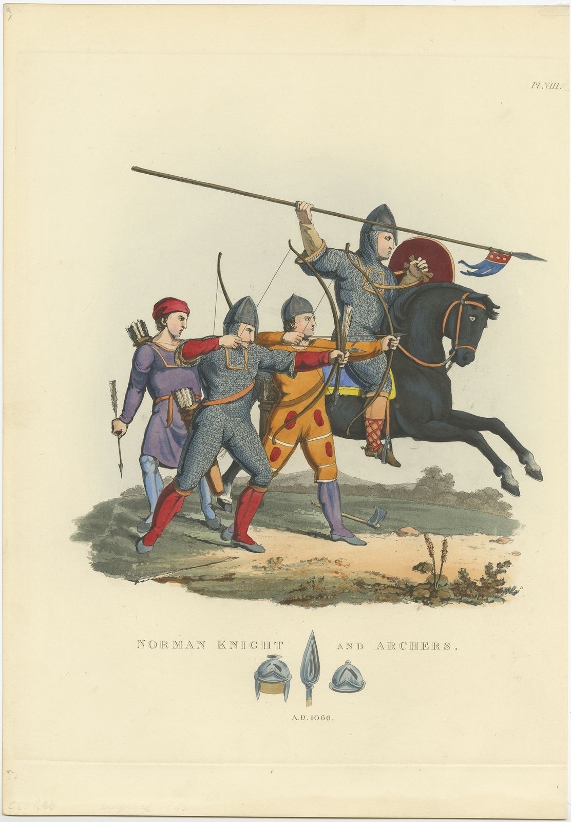 Antique Print Of A Knight And Archers By Meyrick (1842)