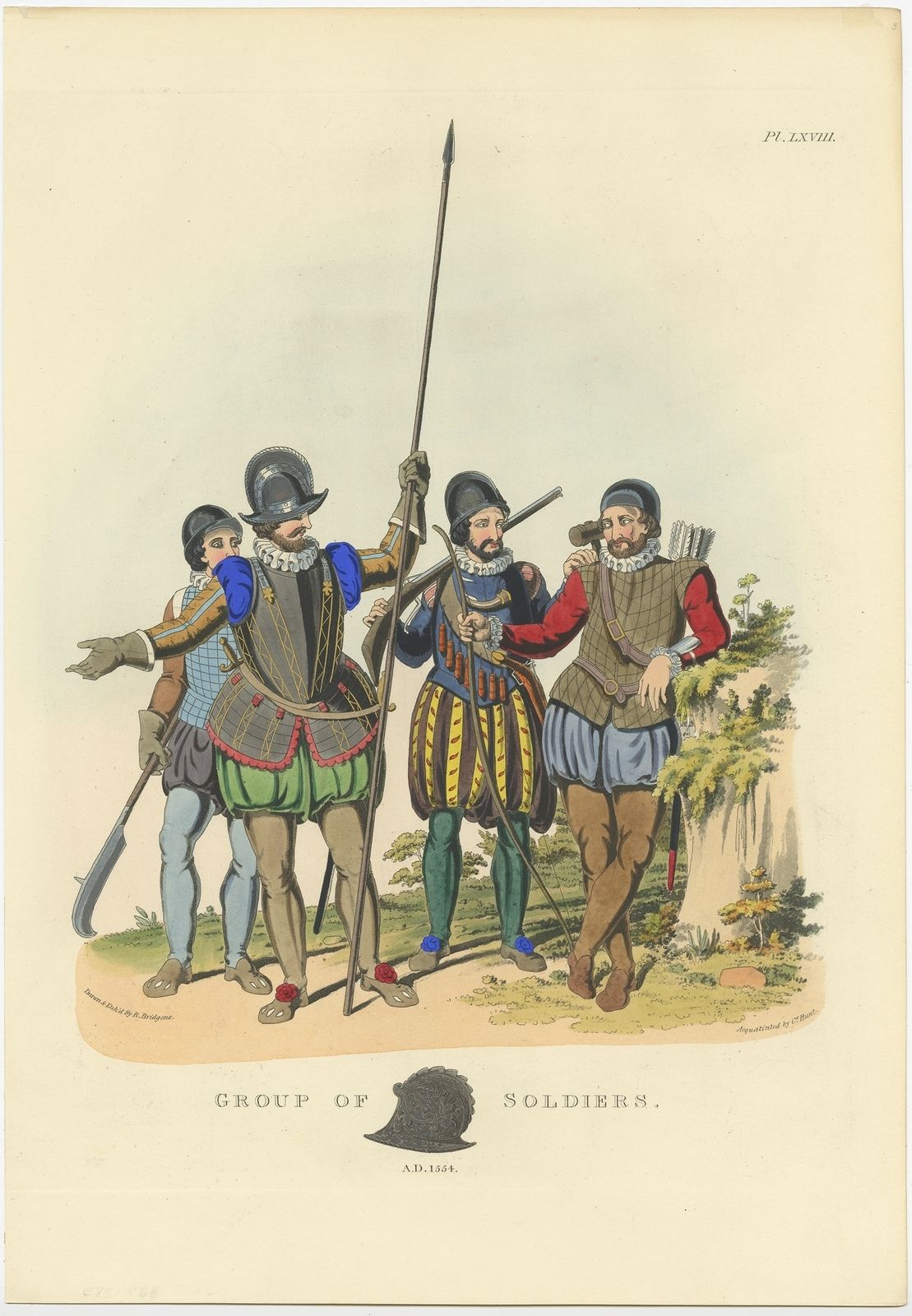 Antique Print Of A Group Of Soldiers By Meyrick (1842)