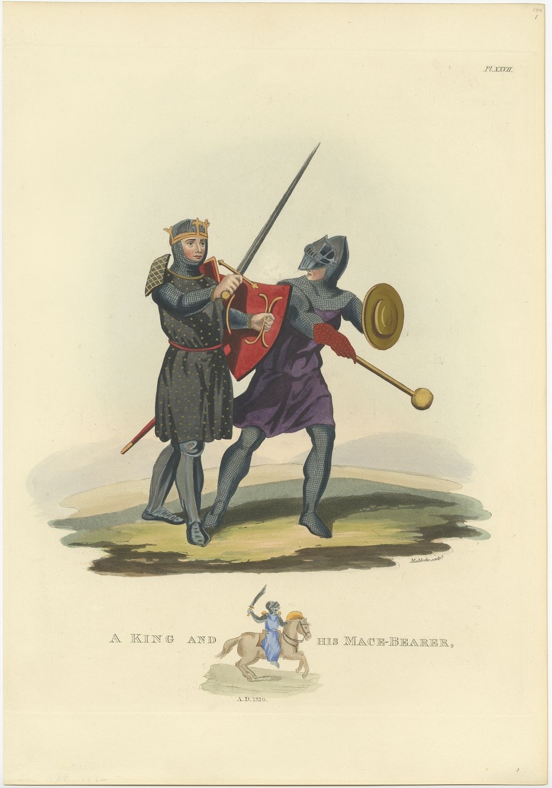 Antique Print Of A King And His Macebearer By Meyrick (1842)
