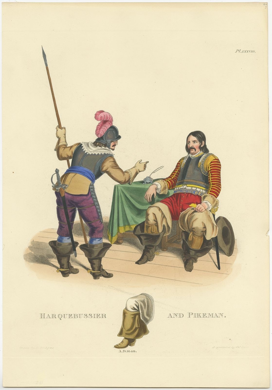 Antique Print Of A Harquebusier And Pikeman By Meyrick (1842)