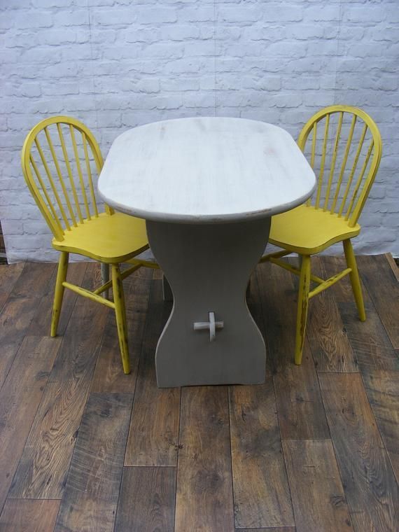 Shabby Chic Pine Table And Spindle Back Chairs Upcycled In Grey And Yellow