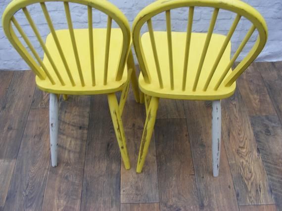 Shabby Chic Pine Table And Spindle Back Chairs Upcycled In Grey And Yellow photo for sale