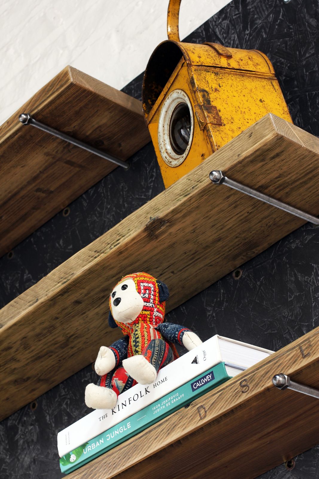Avon Adjustable Reclaimed Scaffolding Shelves Mounted On Painted Osb With Removable Threaded Peg Supports  photo 895.0