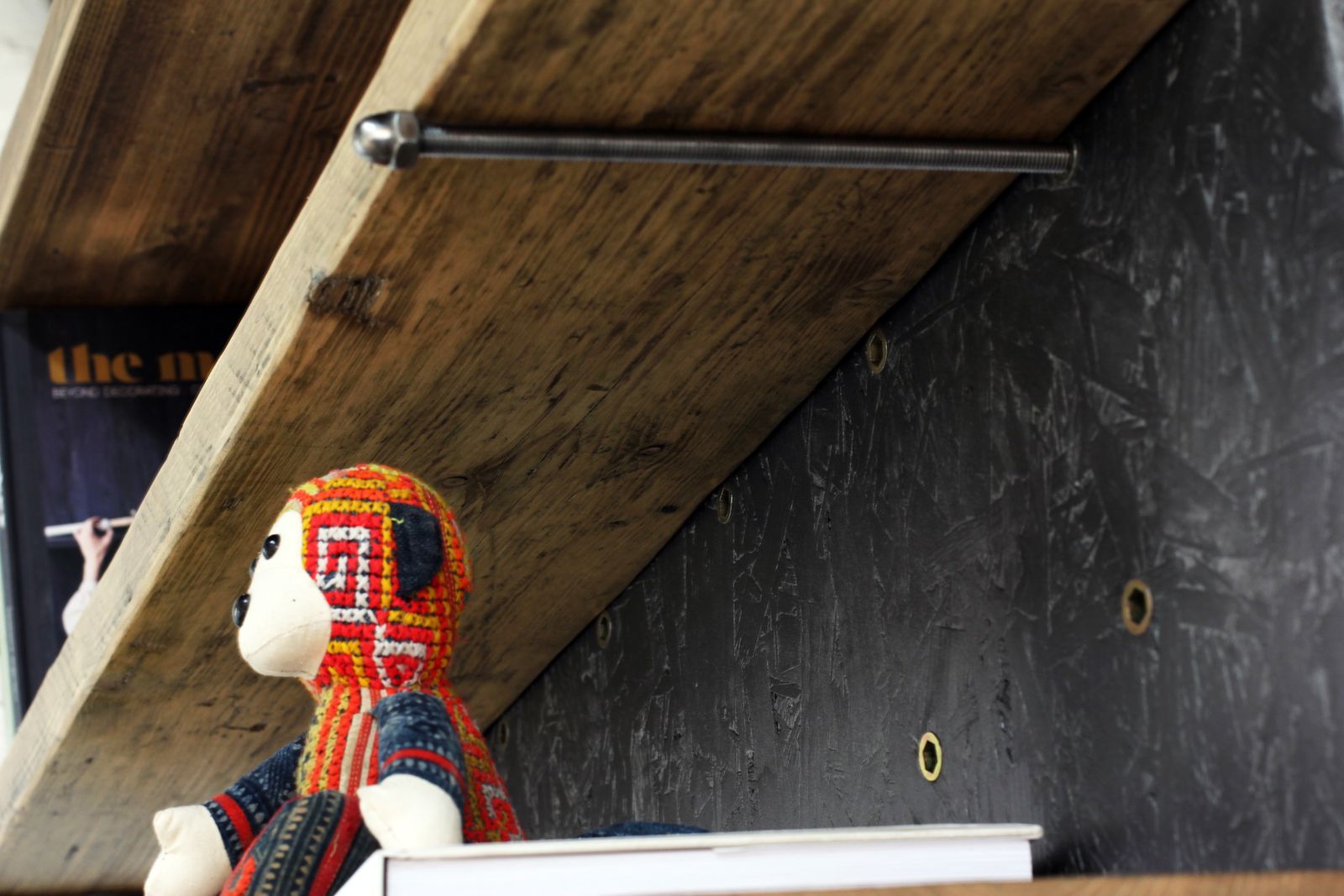photo furniture Avon Adjustable Reclaimed Scaffolding Shelves Mounted On Painted Osb With Removable Threaded Peg Supports 