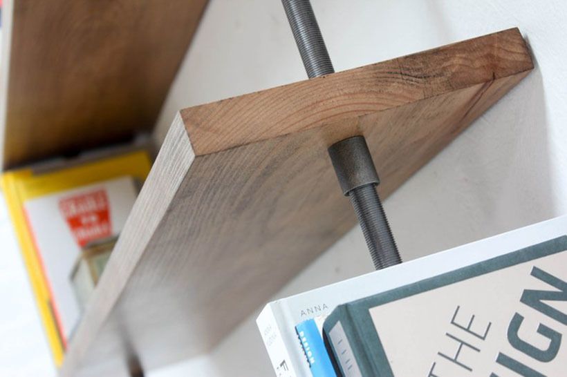 Barnaby Bespoke Adjustable Solid Beech Shelves With Slim Threaded Steel Pipe And Contemporary Collar Supports photo vintage