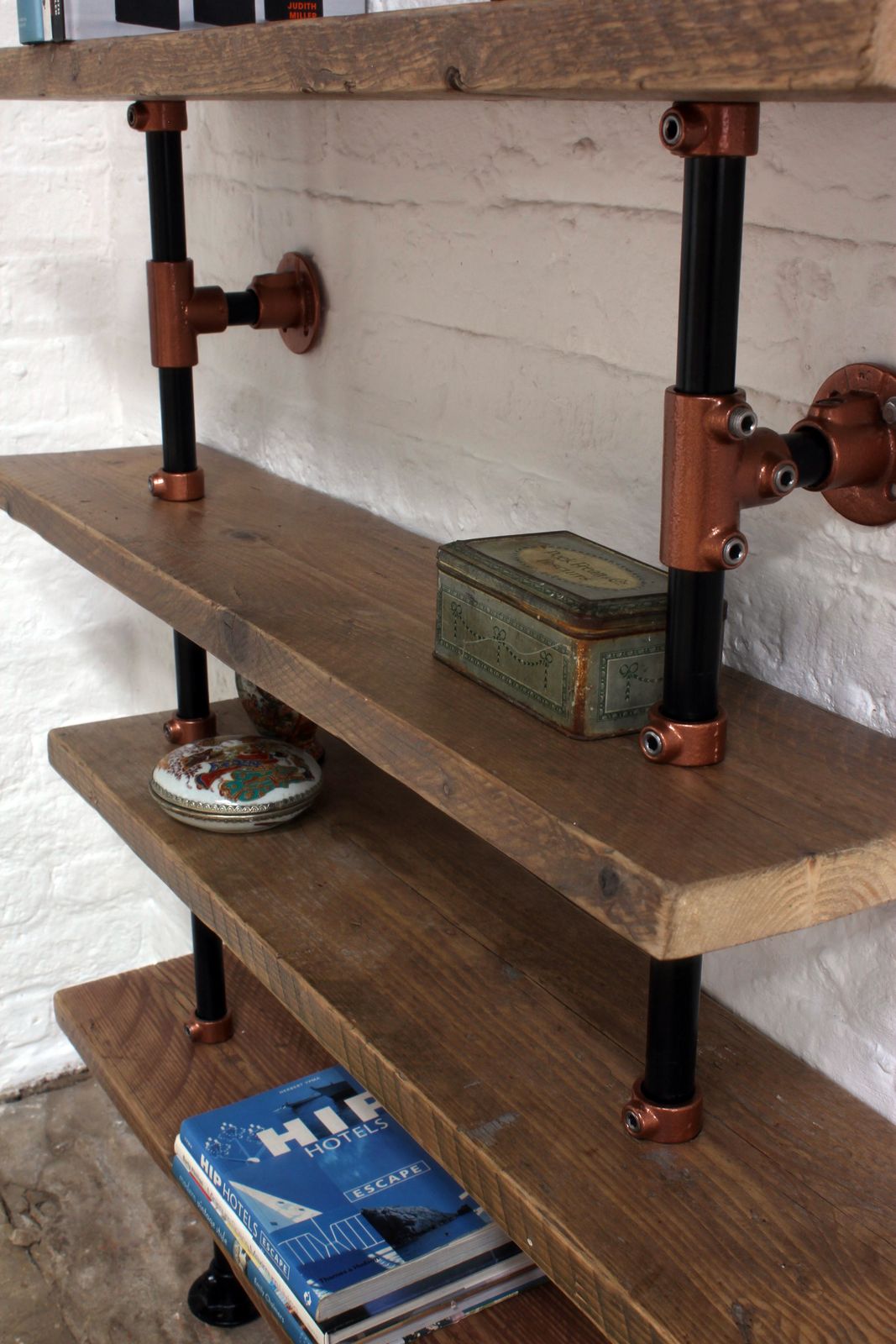 Barney Floor And Wall Mounted Shelving Made With Reclaimed Scaffolding Boards, Dark Steel Pipe And Copper Powder Coated Adjustable Fittings photo for sale