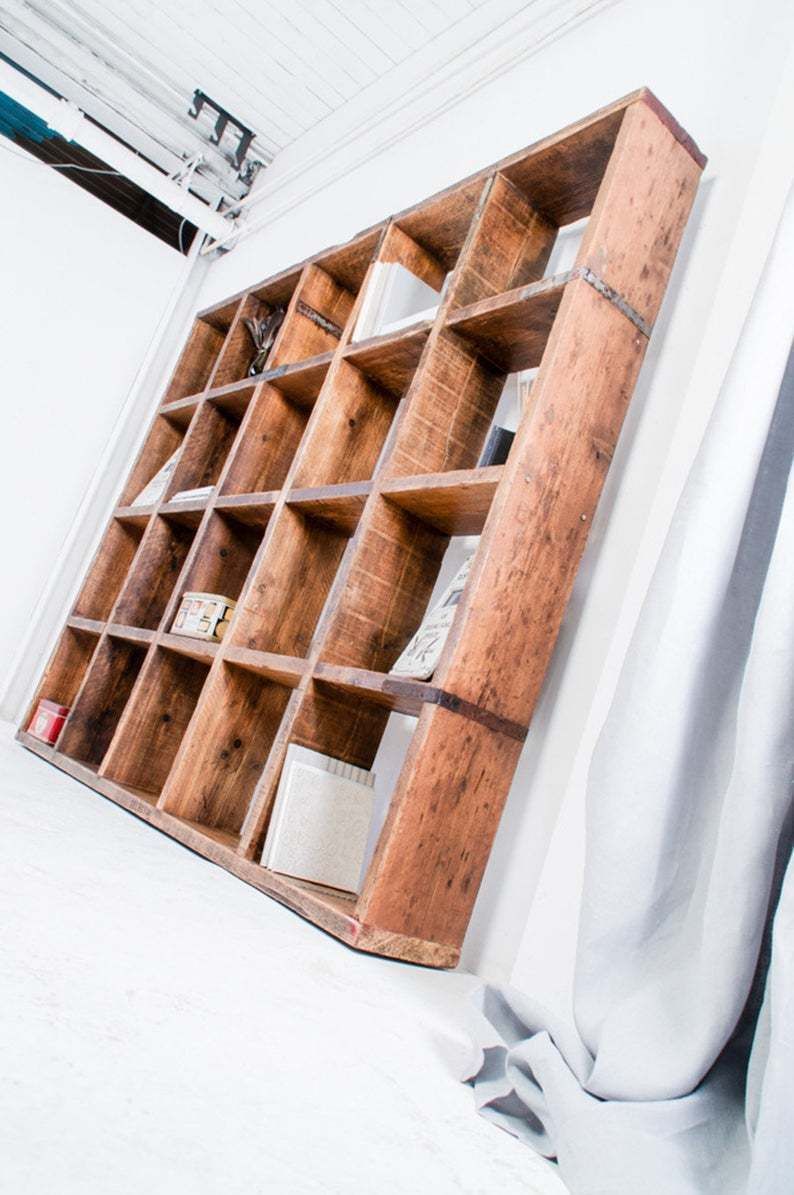 Bazany Reclaimed Chestnut Stained Scaffolding Board 20 Aperture Display Cube Fixture   Urban Storage, Bespoke Industrial Shelving photo furniture