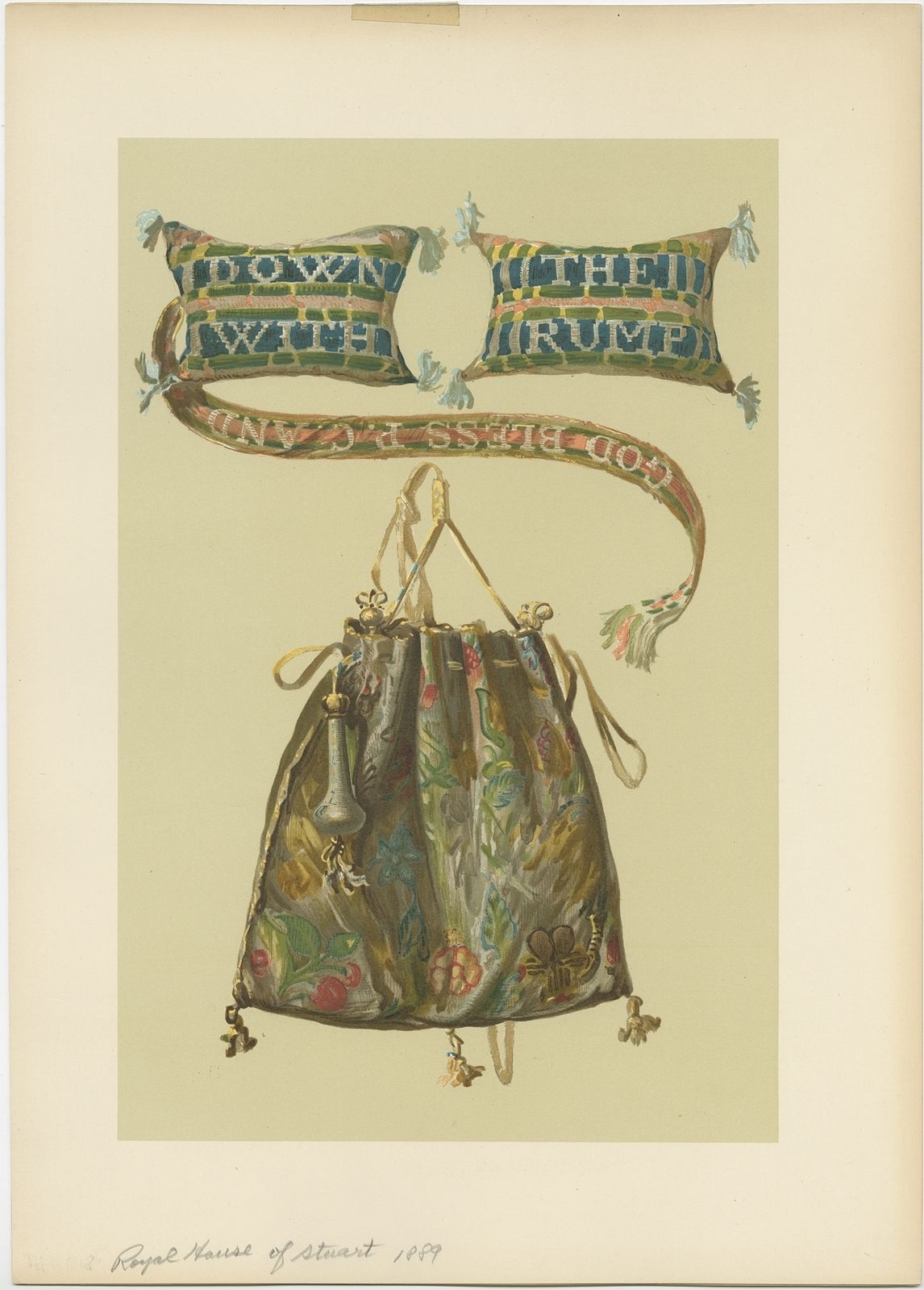 Antique Print Of A Jacobite Pincushion And A Silk Purse By Gibb (1890)