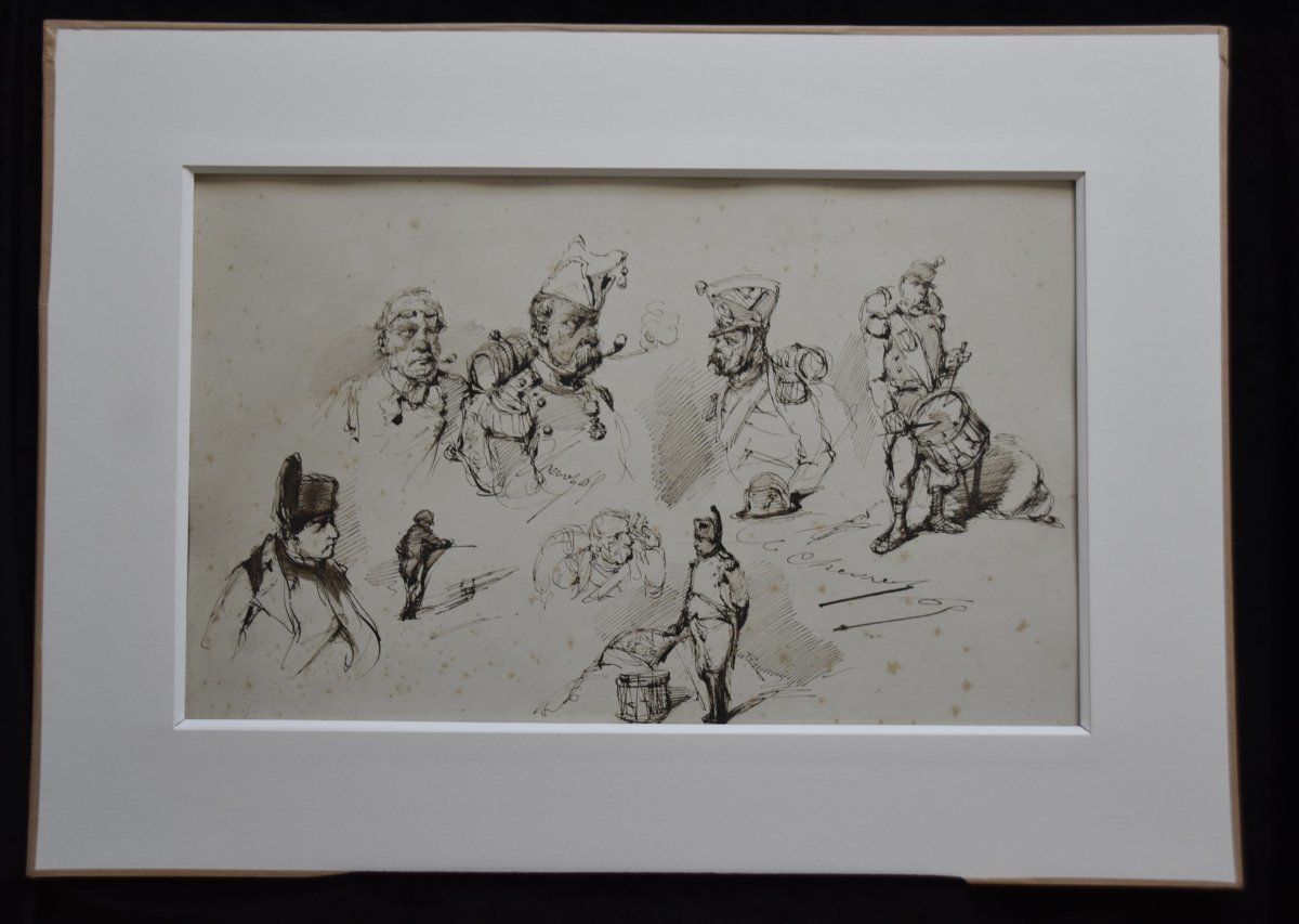 Edouard Chevret (1835 1864) Napoleon And His Grognards, Studies Ink On Paper Flag photo furniture