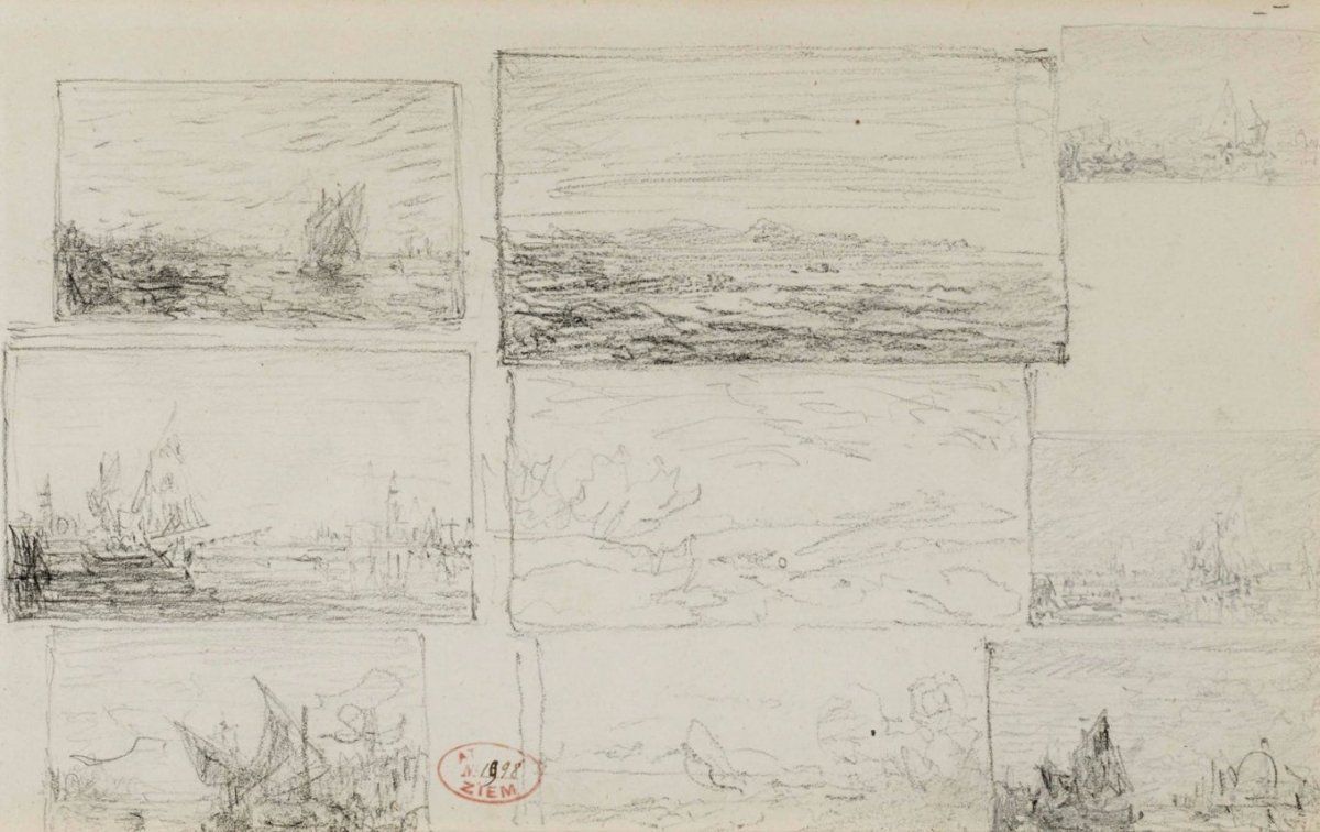 Félix Ziem (1821 1911) Landscape And Marine Studies, Graphite On Paper Flag