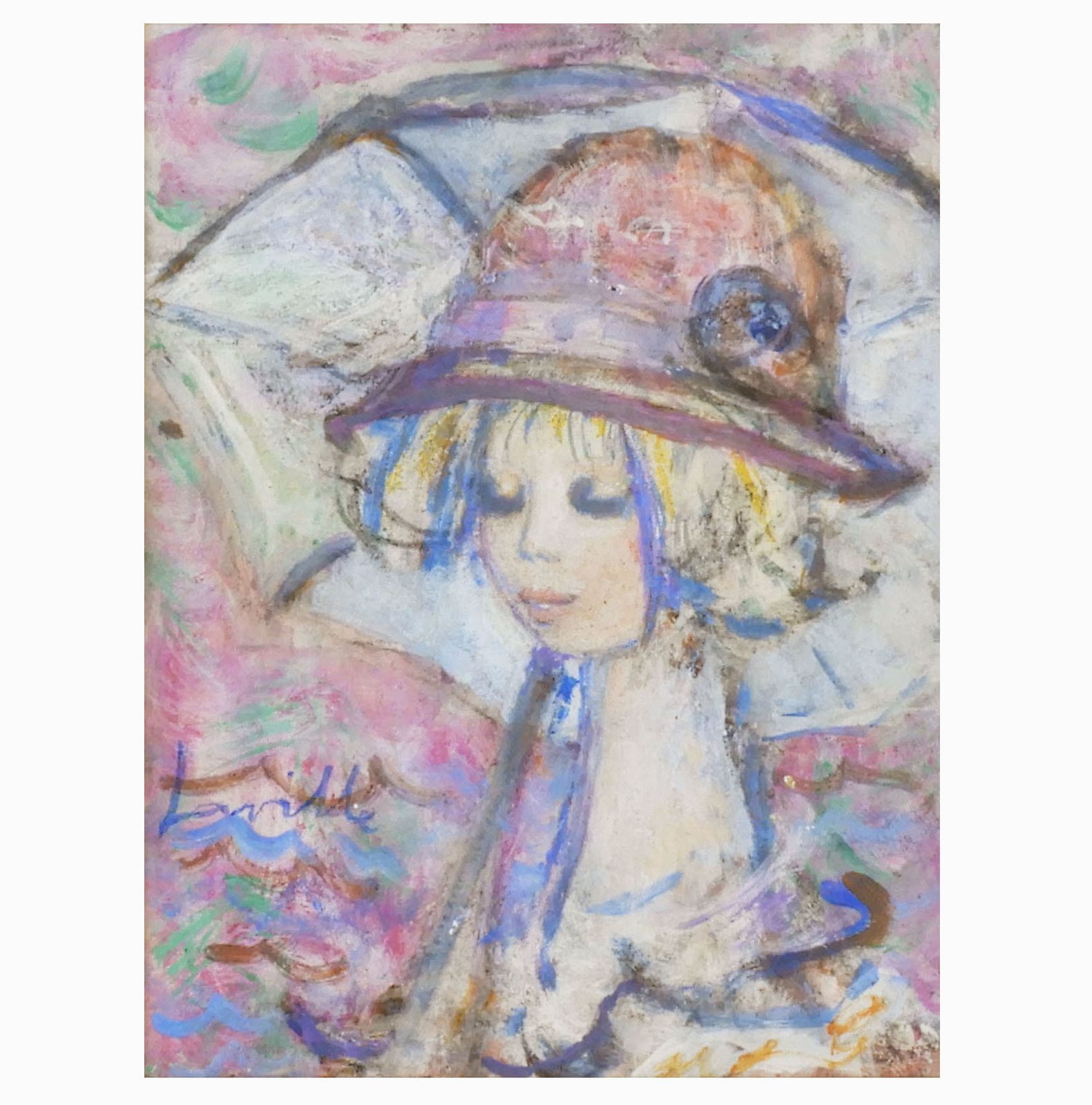 Kunst Schilderij 'Jeune Femme Au Chapeau' Van Henri La Ville, Ca. 1960, Frankrijk, Olieverf Op Doek photo