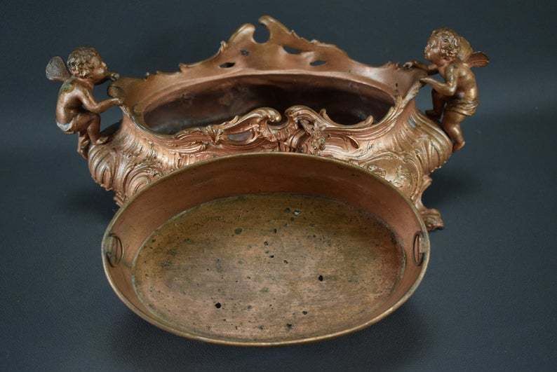 Rococo French Angels Centerpiece Jardiniere Copper Finish photo vintage