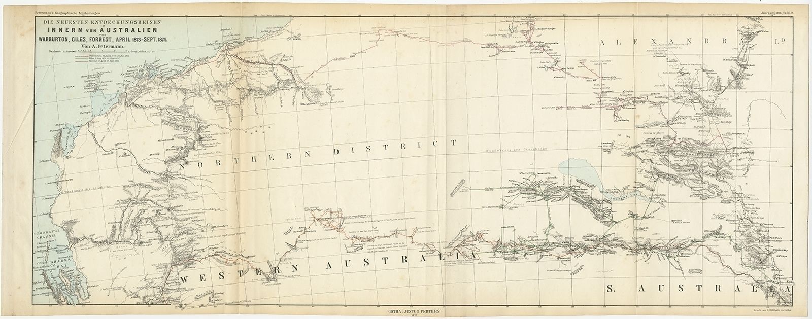 Antique Map Of Australia From Sharks Bay To Alice Springs By Petermann (1876)