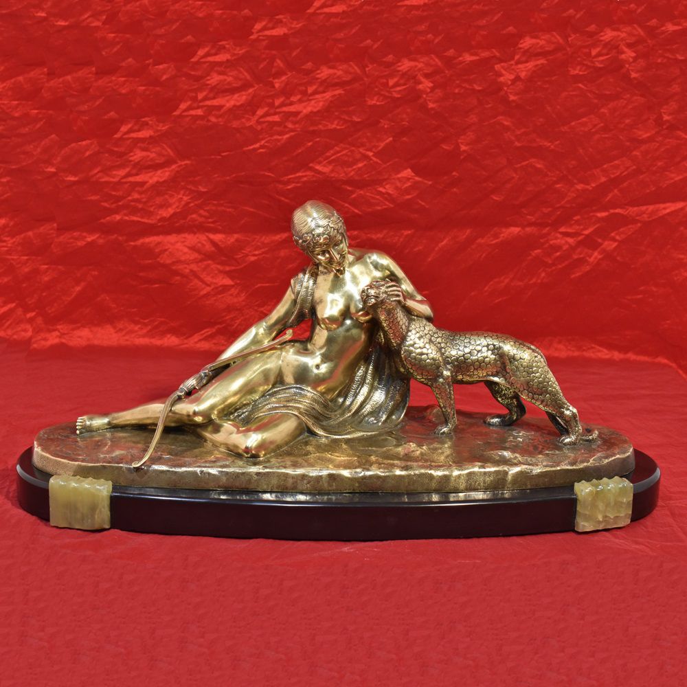 Antique Bronze Sculpture, Woman With Leopard, Signed Charles Charles, French Sculptor, Art Deco.  (Stb30) photo vinterior
