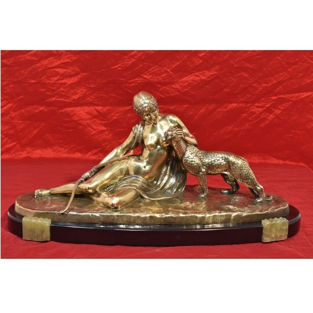 Antique Bronze Sculpture, Woman With Leopard, Signed Charles Charles, French Sculptor, Art Deco.  (Stb30)