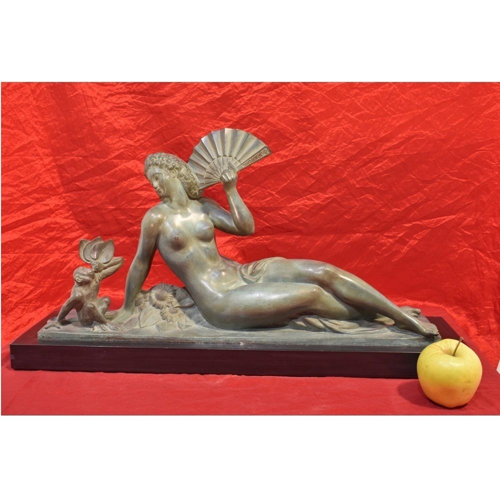 Antique Bronze Sculpture, Woman With Fan, Signed A. Soleau, French Sculptor, Art Deco.  (Stb31) photo furniture