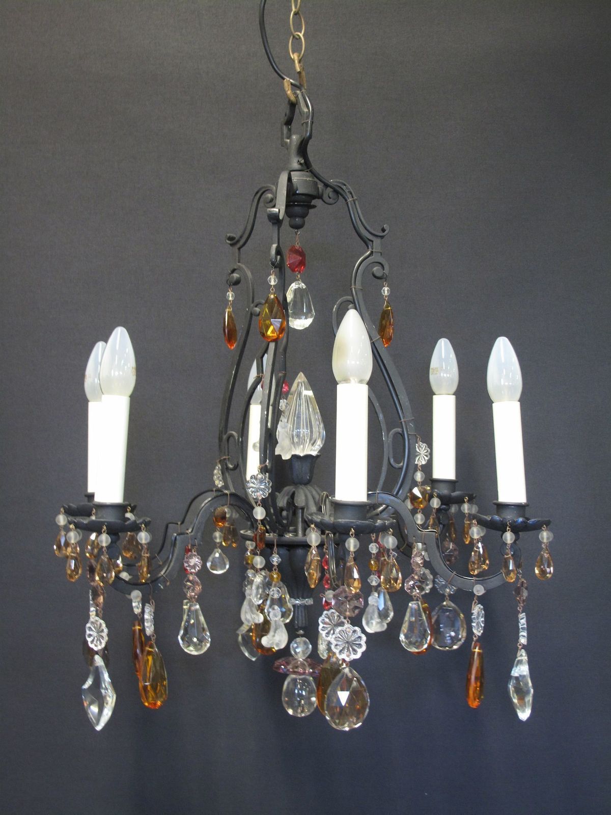 6 Arm Black Iron Chandelier, Ca 1930