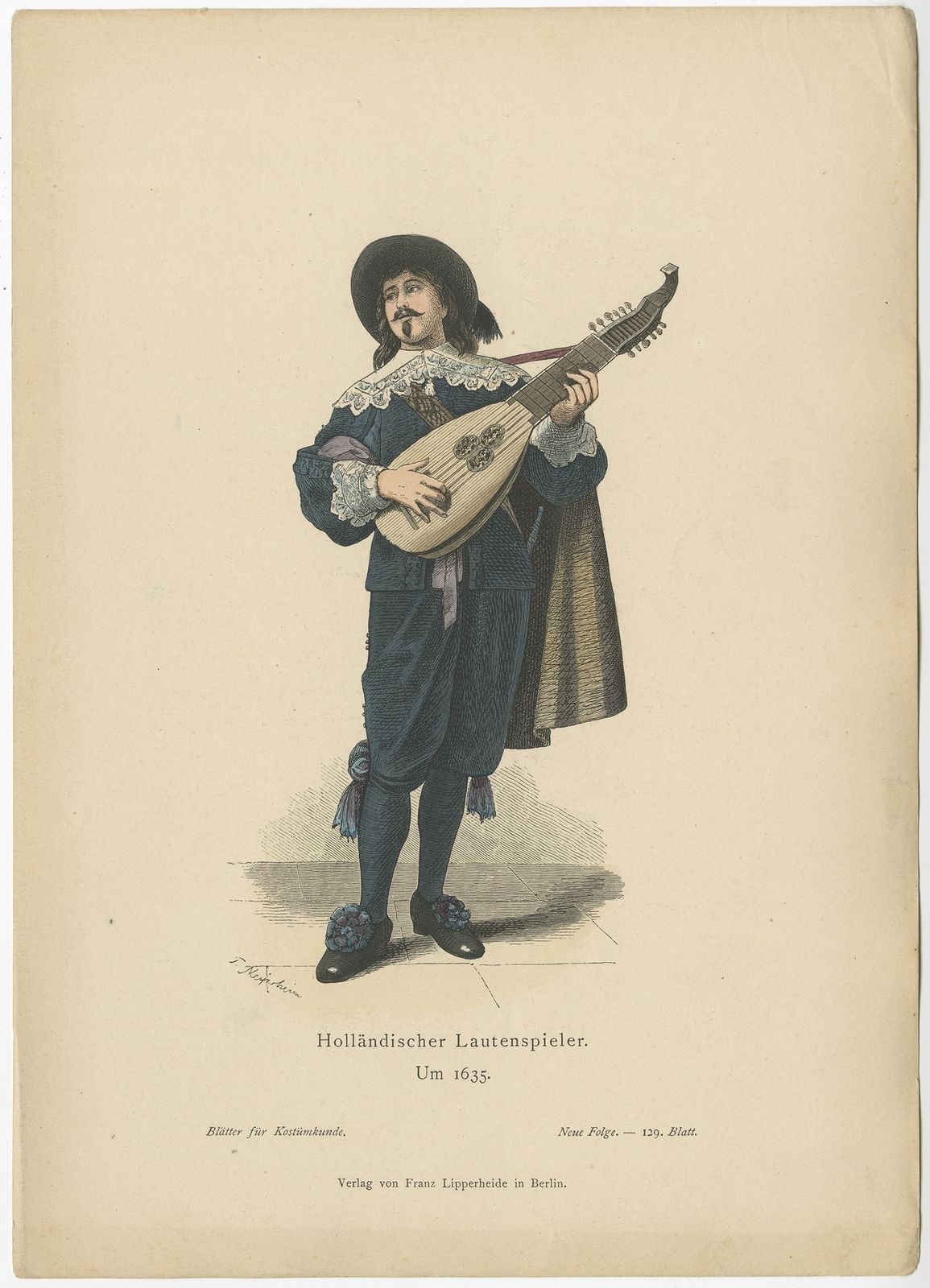 Antique Costume Print Of A Lute Player From Holland By Lipperheide (C.1880)