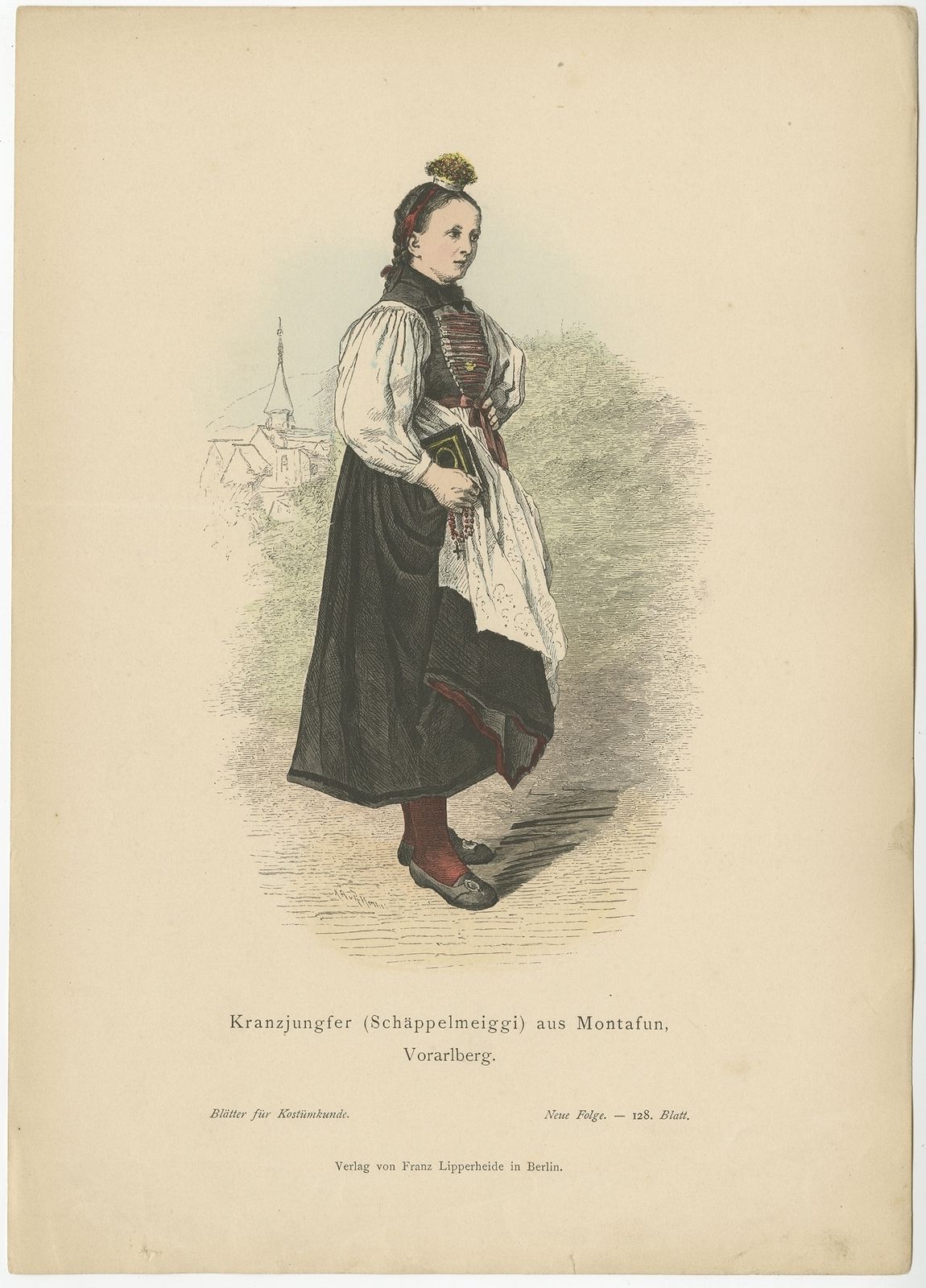 Antique Costume Print Of A Woman In Winter Costume From Montafon By Lipperheide (C.1880)