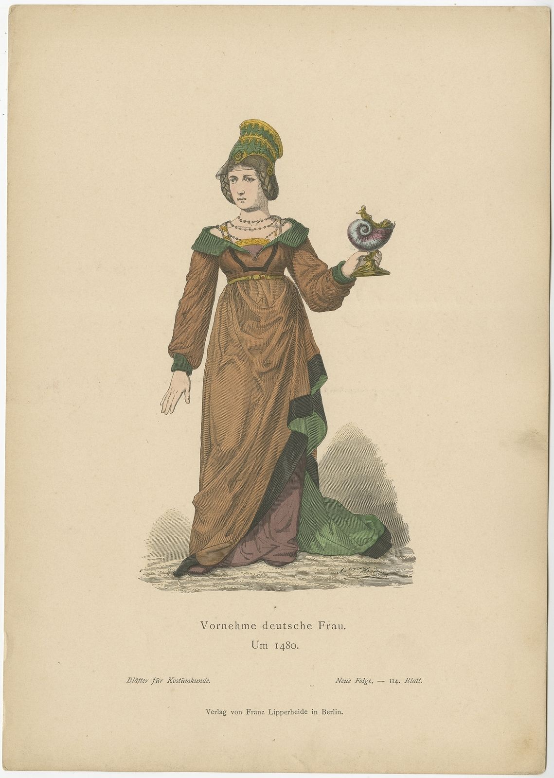Antique Costume Print Of A German Noblewoman By Lipperheide (C.1880)