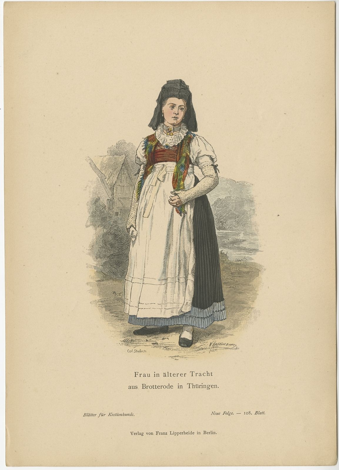 Antique Costume Print Of A Woman From Brotterode (Thuringia) By Lipperheide (C.1880)