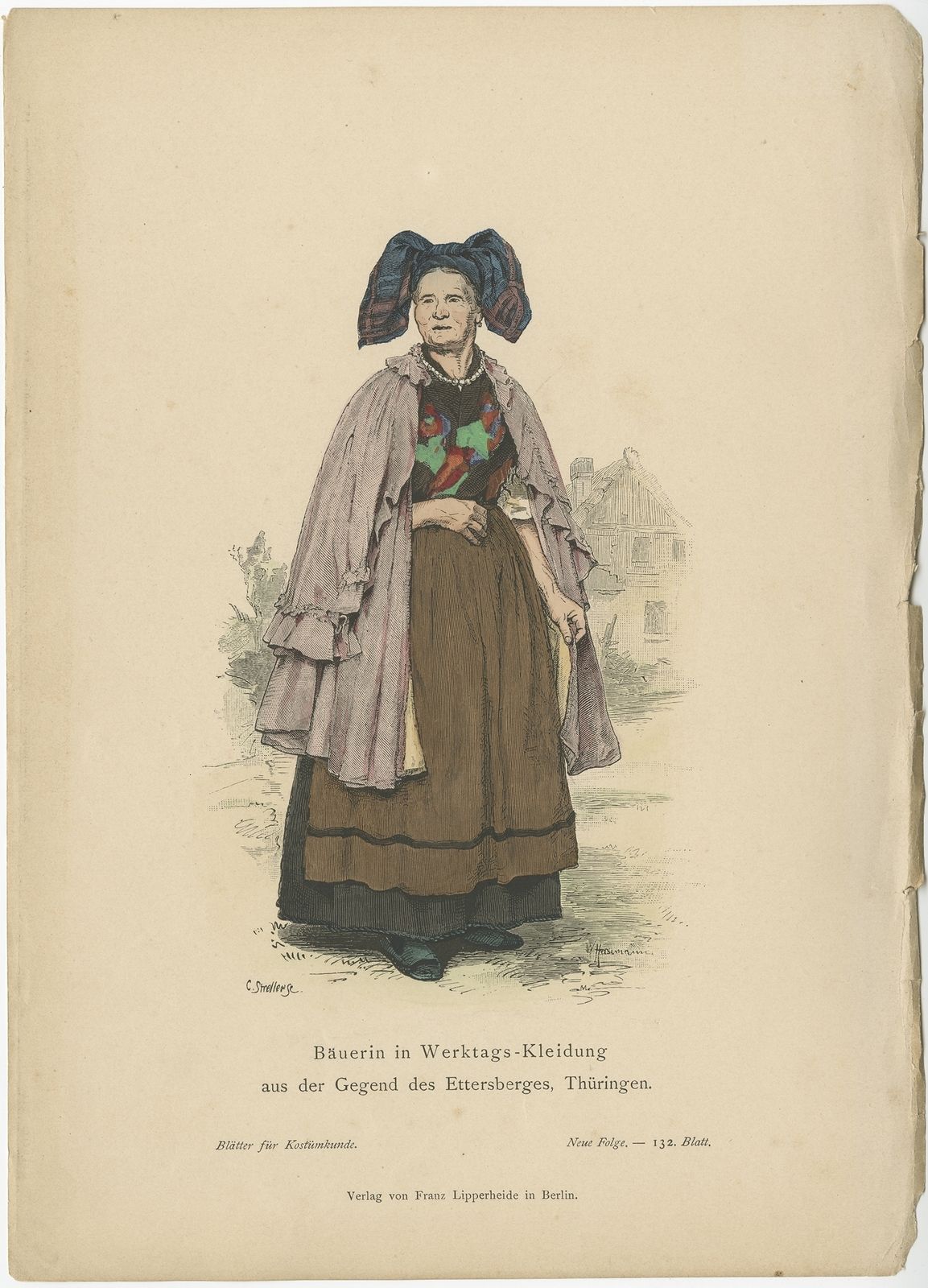 Antique Costume Print Of A Farmer's Wife From The Region Of Thuringia By Lipperheide (C.1880)