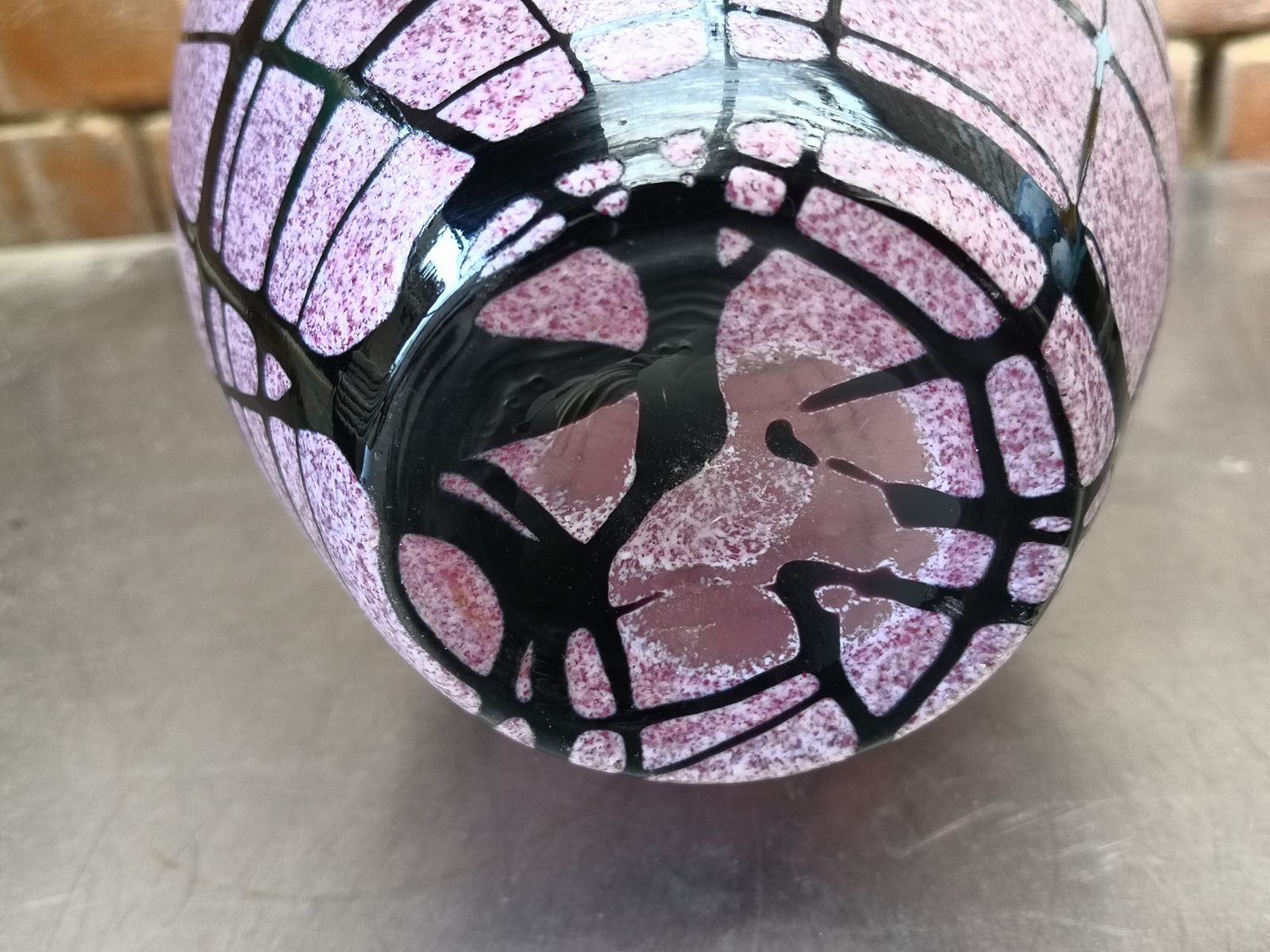 Pink Frosted Irridescent Contemporary Art Glass Vase With Silver Grey Geometric Design photo furniture