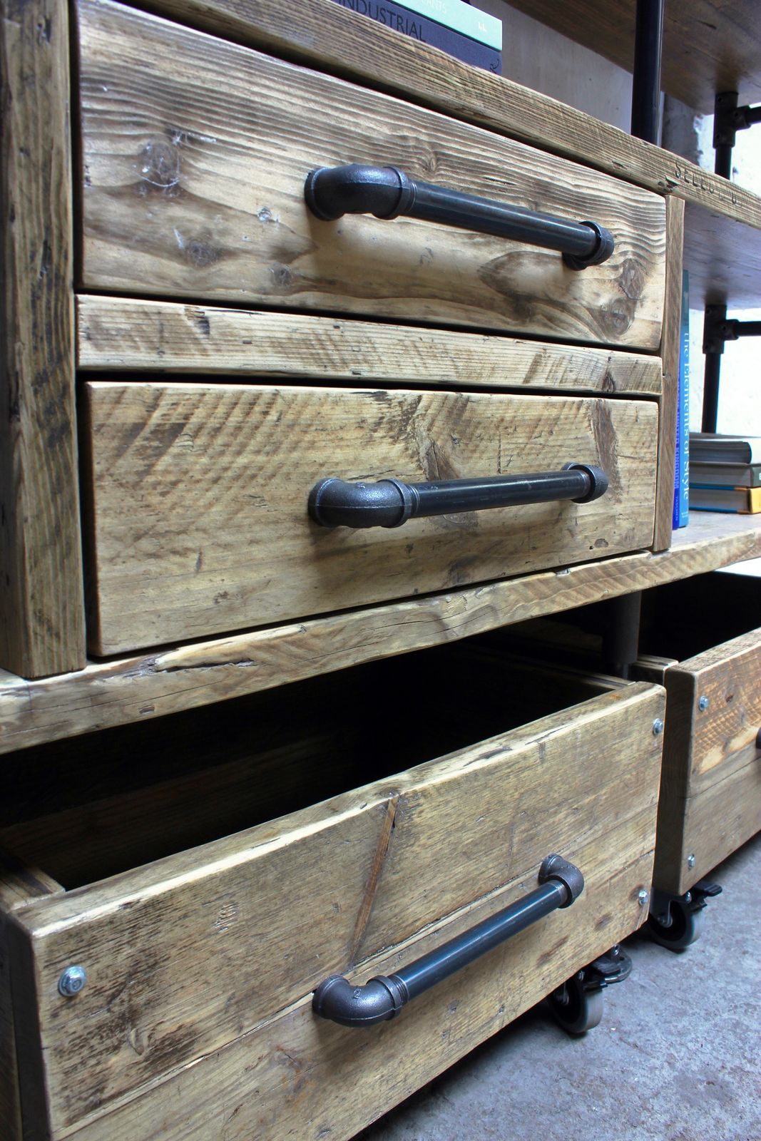 Ana Maria Clear Varnished Reclaimed Scaffolding Board And Dark Steel Pipe Bookcase With Integrated Drawer Units And Roll Out Storage Boxes photo furniture