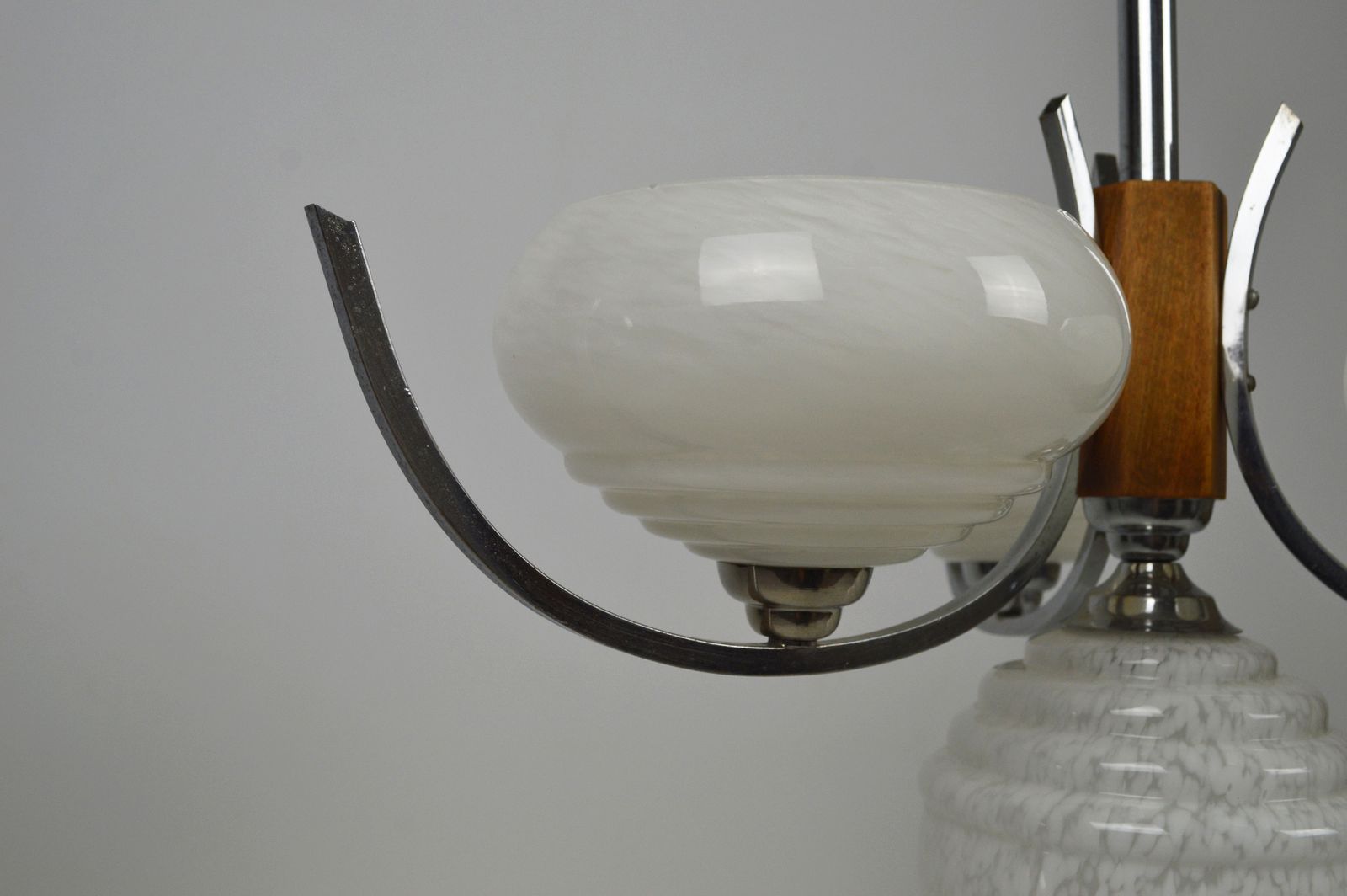 Art Deco Mid Century Modernist Chandelier, Wood & Chrome, France, Circa 1940 photo furniture
