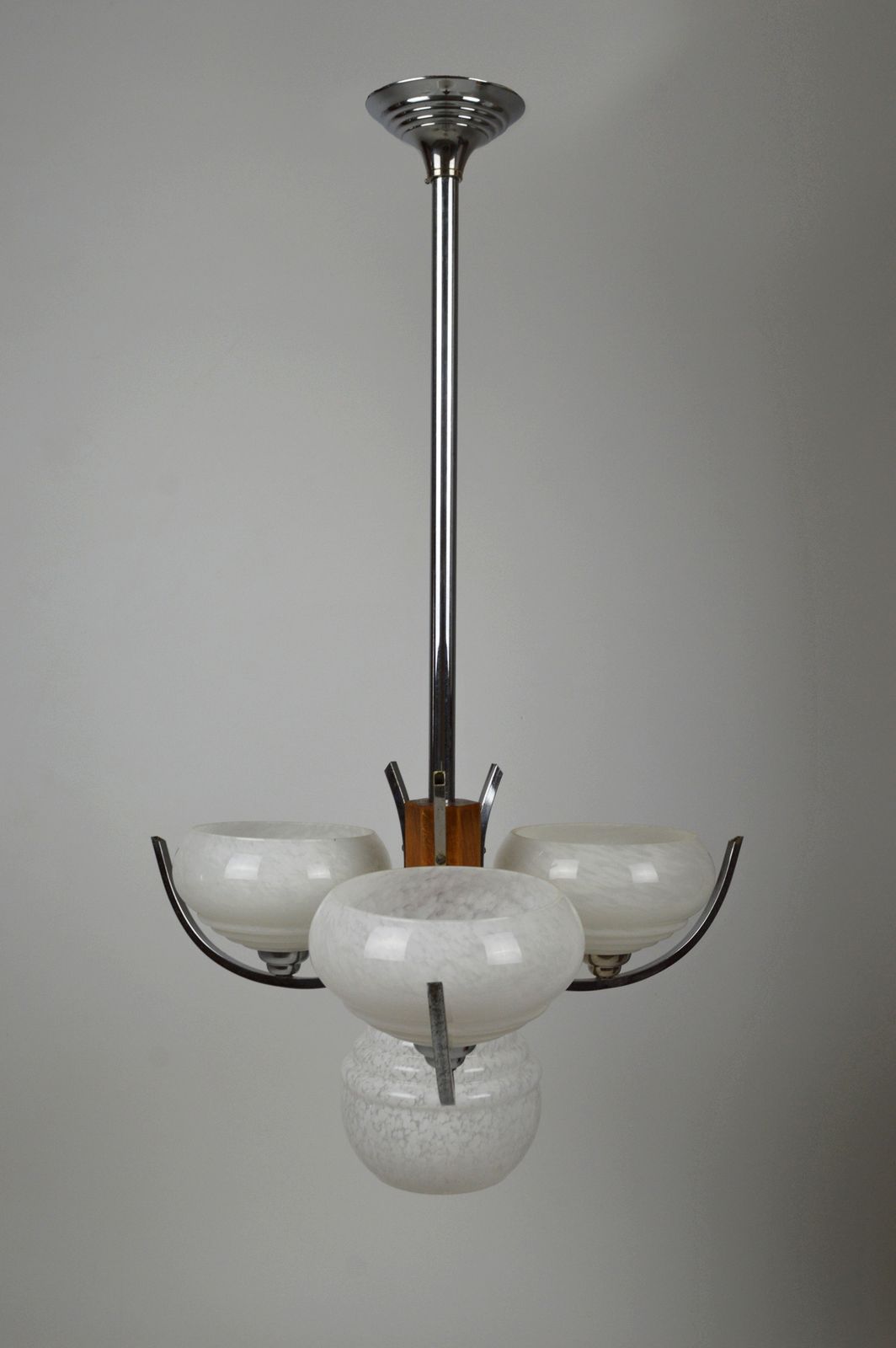 Art Deco Mid Century Modernist Chandelier, Wood & Chrome, France, Circa 1940 photo for sale