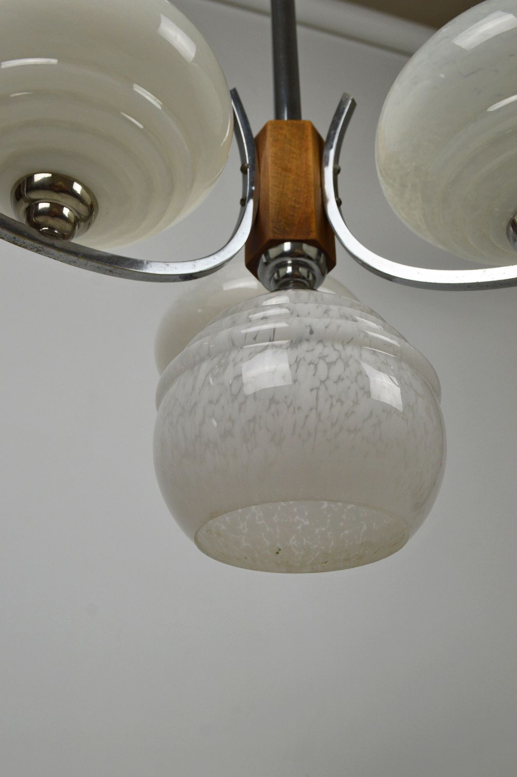 Art Deco Mid Century Modernist Chandelier, Wood & Chrome, France, Circa 1940 photo vinterior