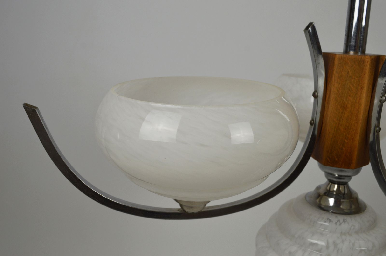 photo for sale Art Deco Mid Century Modernist Chandelier, Wood & Chrome, France, Circa 1940